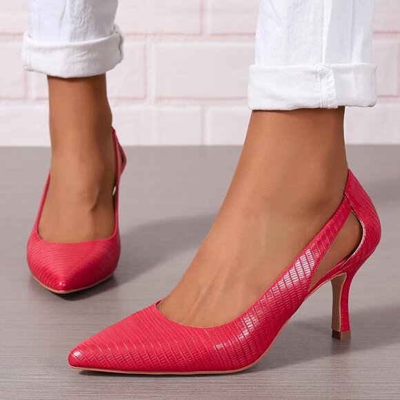 Women's Red Faux Leather Pumps Pointed Closed Toe Kitten Heel Pump Shoes - Picture 3 of 5